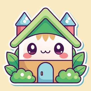a cute house with a green roof and green leaves vector
