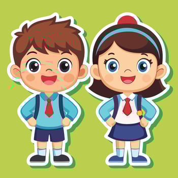 two school children in uniform standing with their hands on their hips vector