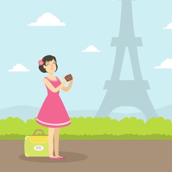Female Tourist Sightseeing and Taking Photo of Eiffel Tower, Girl Travelling on Summer Vacation, Illustration vector