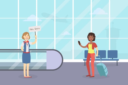 Tourist Guide Waiting for Guest Arrival at Airport, Woman Metting Someone with Broadsheet, Female Tourist with Luggage Illustration vector