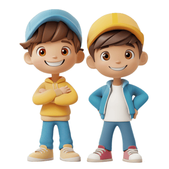 Two cheerful cartoon boys wearing colorful hats and outfits stand together on a bright transparent background, 3D cartoon boys on transparent background png
