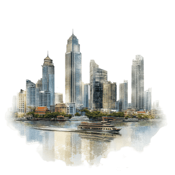 Stunning skyline of Bangkok with a riverboat gliding through serene waters at dusk, Bangkok city isolated on transparent background png