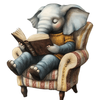 A relaxed elephant enjoying a book while sitting comfortably in a cozy armchair at home in the afternoon, A laid back elephant reading a book in a cozy armchair on transparent background png