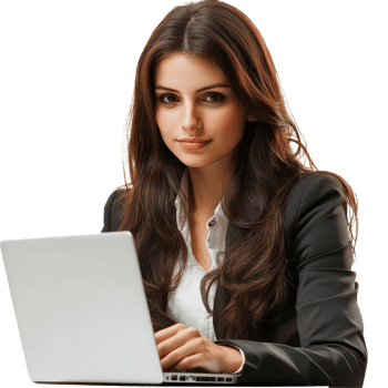 A professional businesswoman focused on her laptop while working in a bright, isolated environment, Beautiful businesswoman using laptop isolated on png