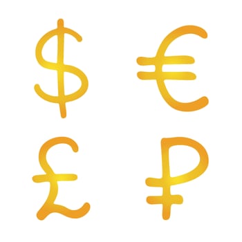 Hand drawn multiple gold currencies symbol set Dollar euro pound ruble 3 vector