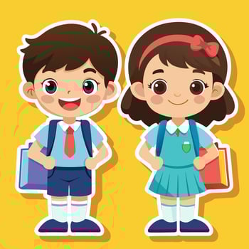 two children in school uniforms standing next to each ot on a white backgroundher vector
