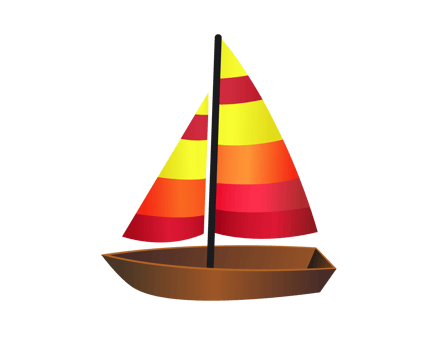 Brown wooden sailing boat icon with mix of yellow, orange and red sails png