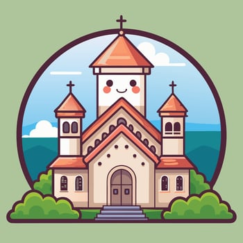 a cartoon church with a smiley face on a white background vector