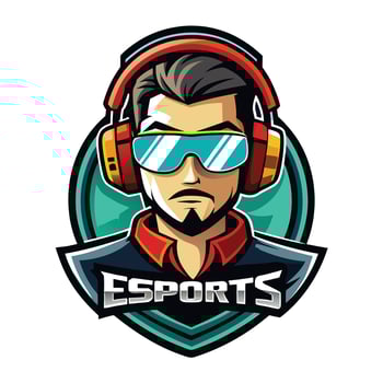 esports logo with a man wearing headphones on a white background vector