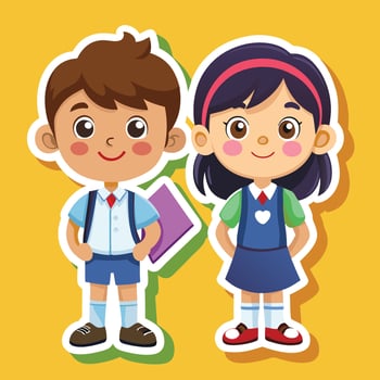 sticker of school boy and girl with books and folders vector