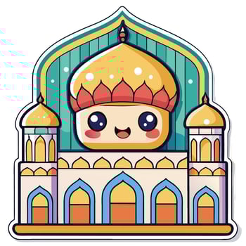 a cartoon sticker of a mosque with a smiling face vector