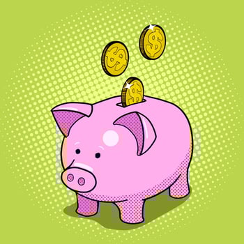 Piggy bank hand drawn pop art style illustration. Comic book style imitation vector