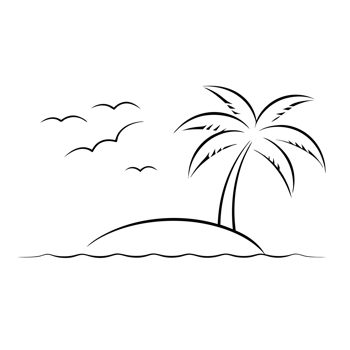 A simple line drawing portrays a small island with a single palm tree png