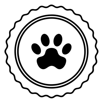 A bold black paw print is centered within a circular seal that features a scalloped edge. png