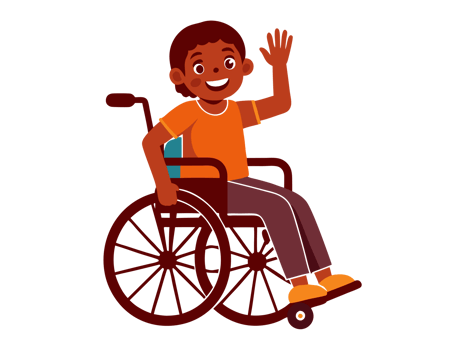 A cheerful child sitting in a wheelchair waves with a big smile png