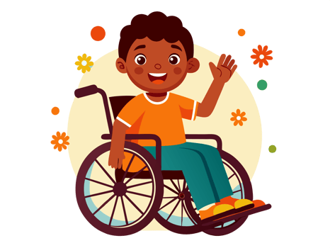 child is seated in a wheelchair, waving and surrounded by colorful flowers and dots png