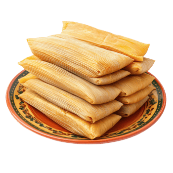 Stacked tamales on a colorful traditional Mexican plate in a vibrant kitchen setting, a stack of tamale on traditional mexican plate isolated on transparent background png