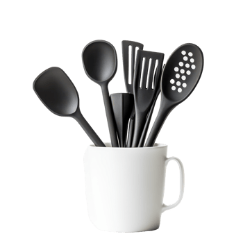 A collection of black kitchen utensils in a cup on a bright transparent background for stylish cooking, Assorted kitchen utensils isolated on transparent background png