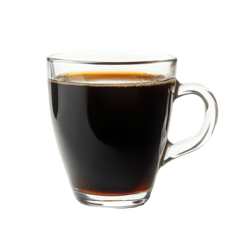 Black coffee served in a clear glass cup against a simple transparent background showcasing rich flavor and aroma, Black coffee in glass cup on transparent background png
