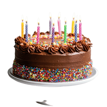 A colorful birthday cake with sprinkles and chocolate frosting, ideal for celebrating a special occasion, Birthday cake with candles on background png
