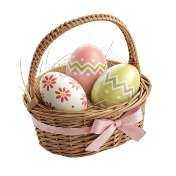 Three beautiful Easter eggs are in a basket with a pink bow png