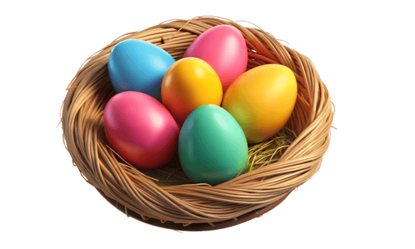 Colorful Easter eggs in a wicker basket on a transparent background png