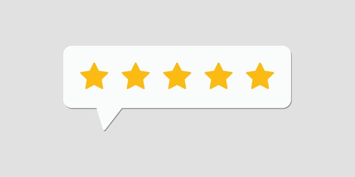 Five star rating. Five star rating displayed in a speech bubble. Feedback, Review and rate us concept. vector