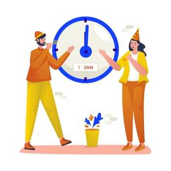 Happy couple character waiting for midnight to celebrating new year flat illustration vector