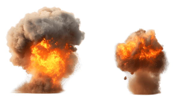 Dramatic explosion generating a vibrant mushroom cloud of smoke and flames creating a striking visual impact on a transparent background png
