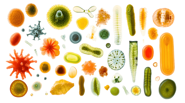 Diverse collection of vibrant microorganisms and phytoplankton showcasing intricate forms and colors highlighting microscopic beauty and diversity png