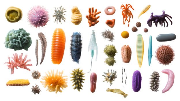 Diverse array of colorful coral and marine life showcasing vibrant underwater ecosystems with unique shapes and textures in a rich, natural environment png