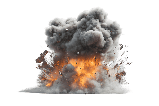 Dramatic explosion with billowing gray smoke and vibrant orange flames creating a chaotic scene of energy and destruction png