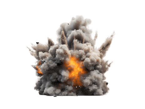 Dramatic explosion with bright flames and thick clouds of smoke illustrating the powerful force and chaotic intensity of explosive events in a striking visual display png