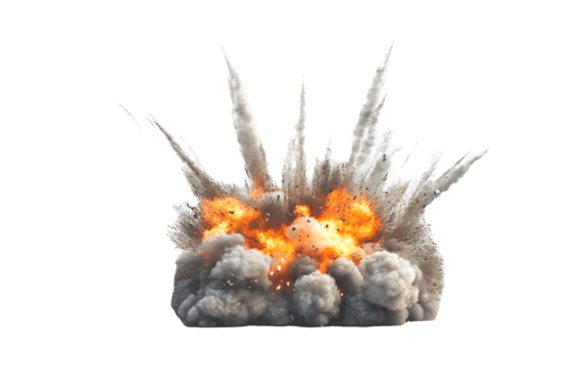 Dramatic explosion with vibrant flames bursting through gray smoke creating a captivating display of power and intensity in an intense visual impact png