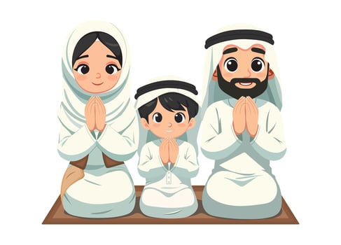 Muslim family, father, mother, and child dressed in traditional attire including hijab, kneeling together on prayer rugs as they perform their prayers. vector