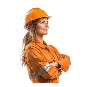 Smiling female construction worker or engineer standing with arm cross side view isolate on transparent background png