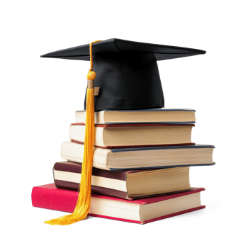 Graduation cap on stack books front view isolate on transparent background png