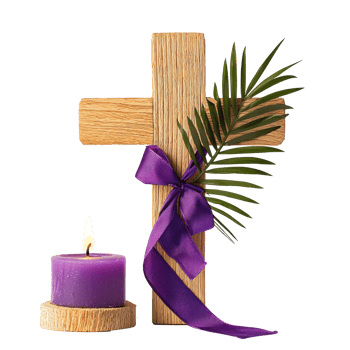 Wooden Cross with purple ribbon and palm leaf and burning candle, lent concept front view isolate on transparent background png