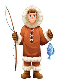 Eskimo man with a fishing rod and fish, wearing traditional fur outfit. Cartoon illustration vector
