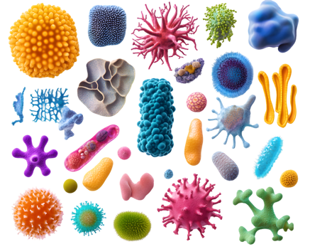 Vivid collection of diverse microscopic organisms showcasing colorful bacteria and viruses in various shapes png