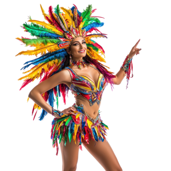 Woman wearing Samba dance costume with hand pointing, carnival concept isolate on transparent background png