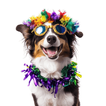 Full body smiling dog Wearing Mardi Gras isolate on transparent background png