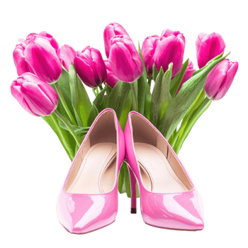 Pink high heel shoes and tulips, International Women's Day concept front view isolate on transparent background png