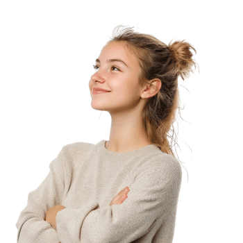 Smiling young woman with arm cross, standing, womens day side view isolate on transparent background png