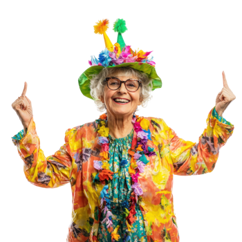 an elderly woman in a colorful hat and party hat png