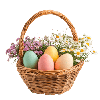 Basket with easter eggs and flowers isolate on transparent background png