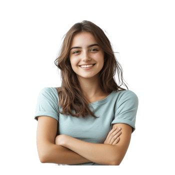 Smiling young woman with arm cross, standing isolate on transparent background png