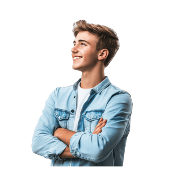Smiling young man arm cross, standing side view isolate on transparent background png