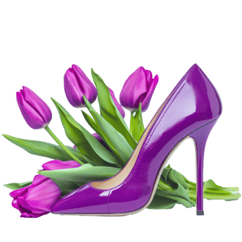 Purple high heel shoes and tulips, International Women's Day concept side view isolate on transparent background png