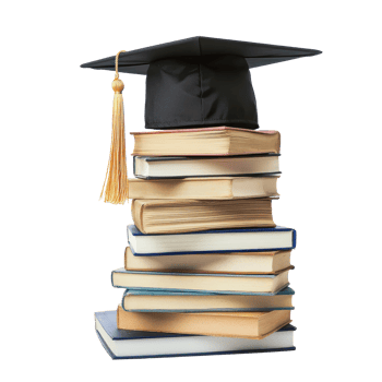 graduation cap on top of books with a tassel png